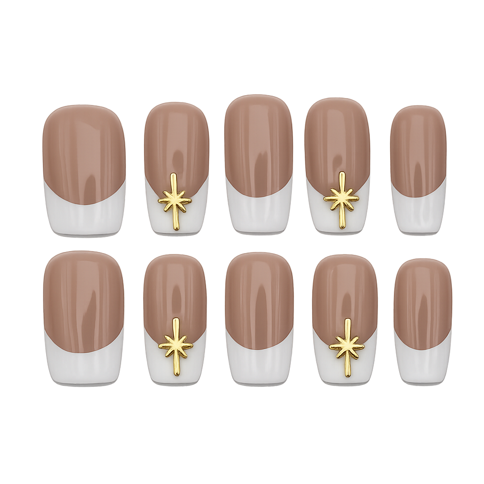 Nail art design with brown and white gradient nails featuring gold star decorations on a white background.