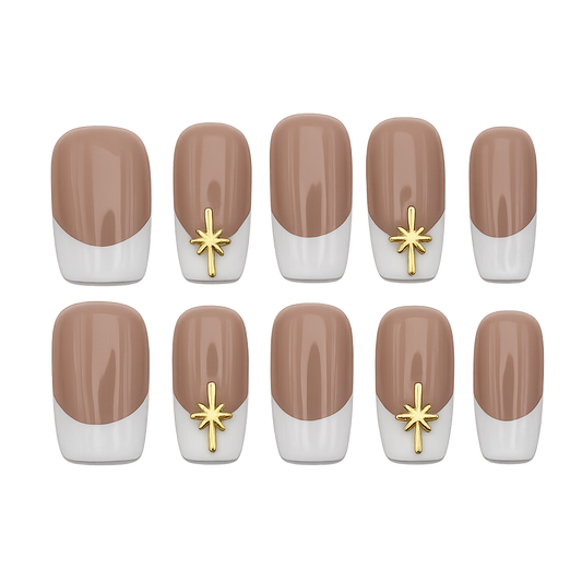 Nail art design with brown and white gradient nails featuring gold star decorations on a white background.