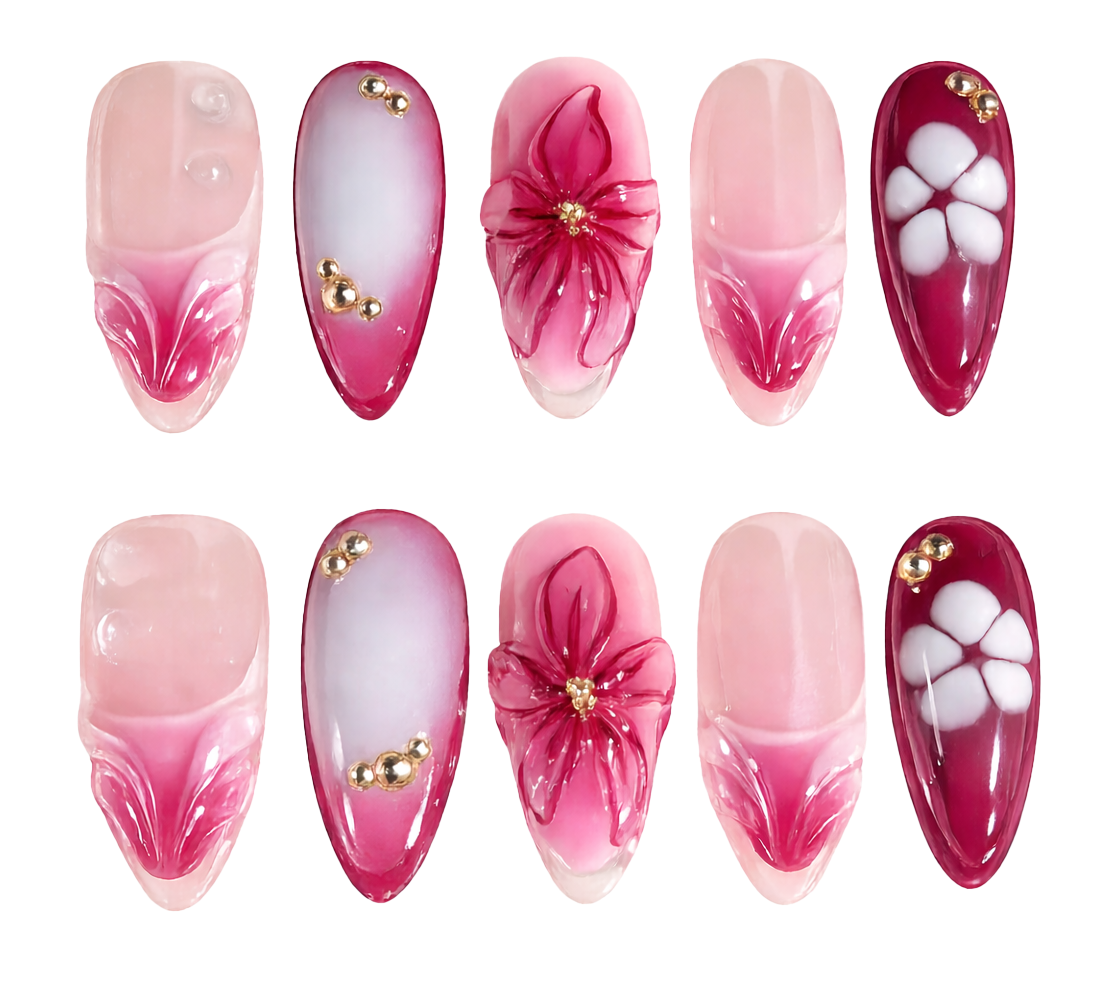 Set of pink and red nail designs with floral and decorative elements on a white background